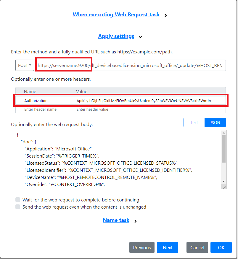 The Web Request tasks containing the updated URL and Authorization header