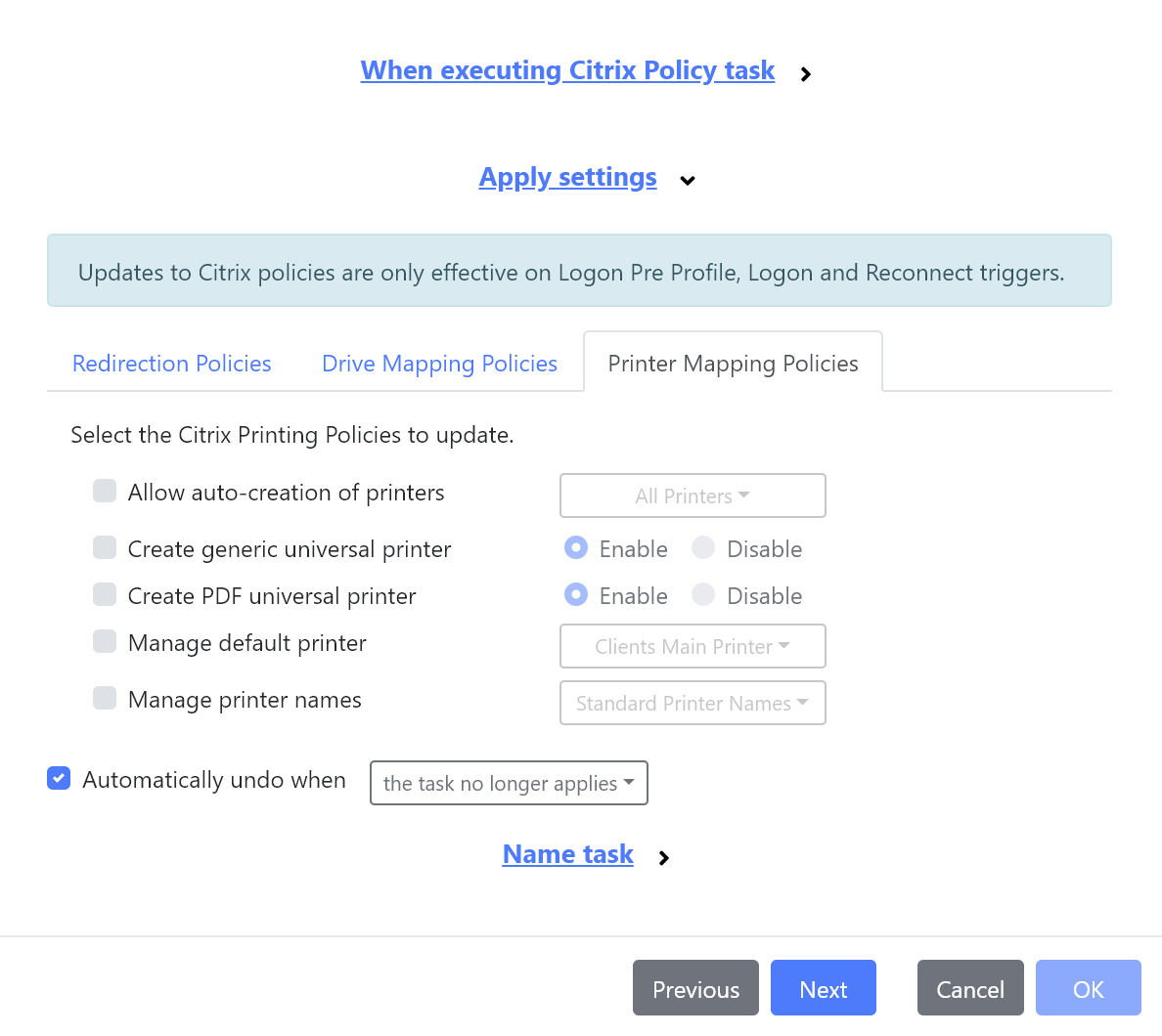 Managing Printer Mapping Policies with the Citrix Policy task
