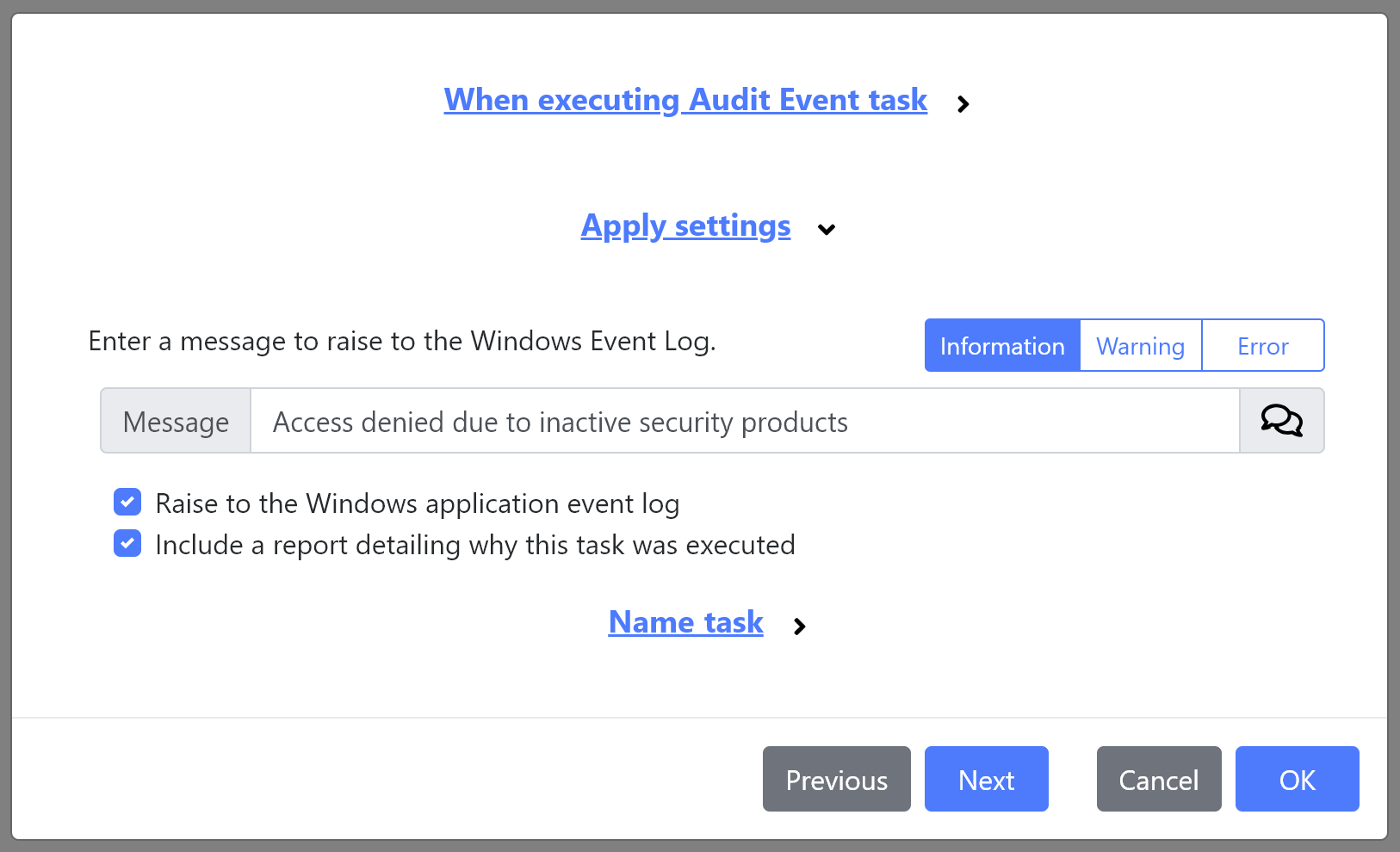 The updated Audit Event task
