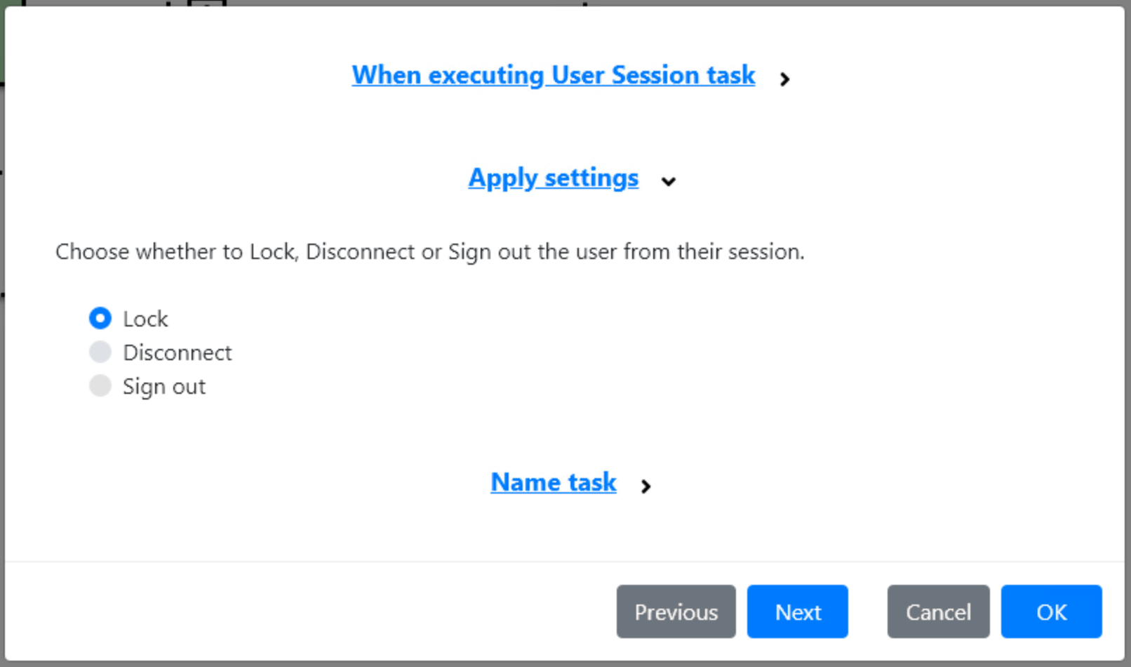 The new user session task, allowing Lock, Disconnect and Sign out of the current user.