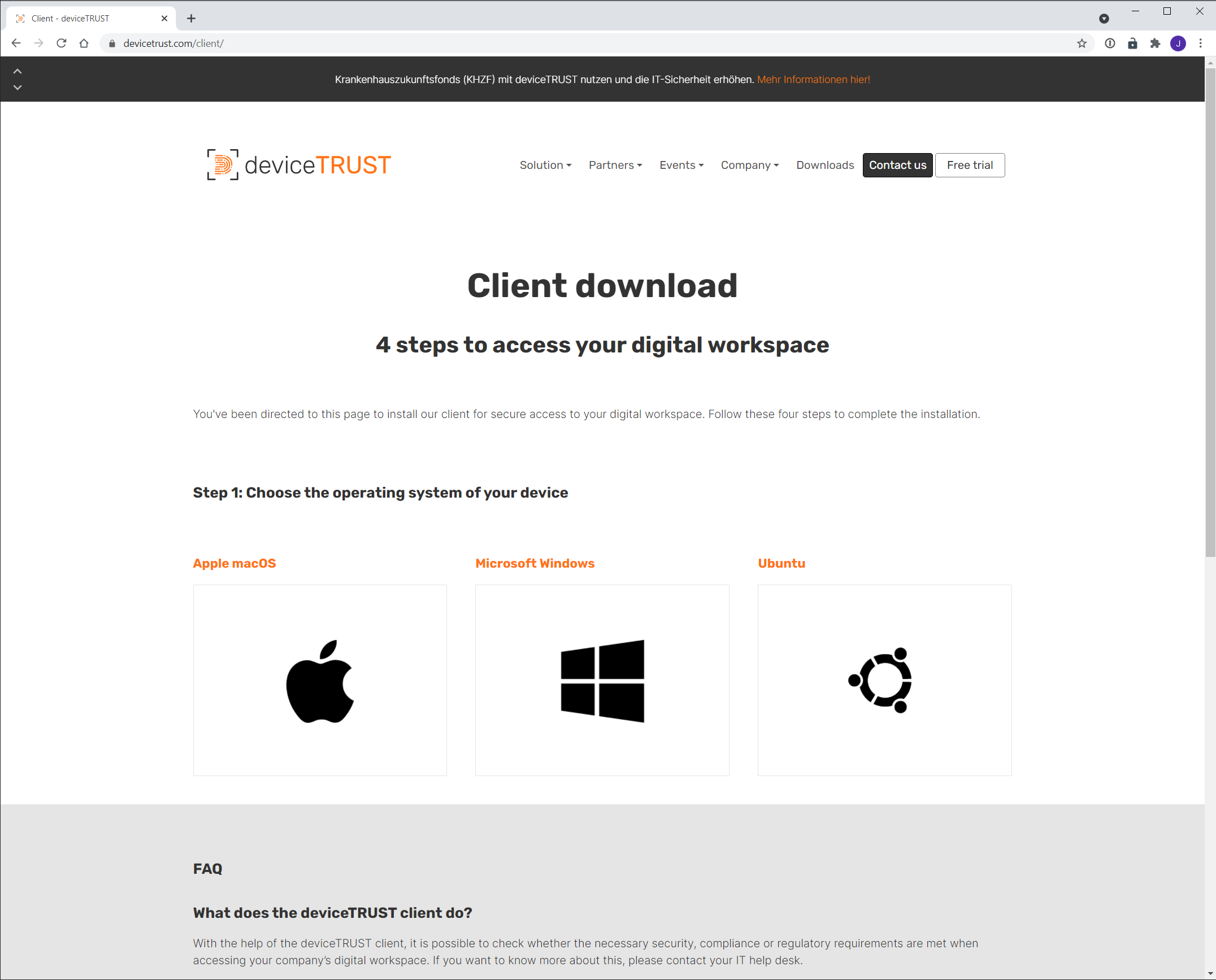 The deviceTRUST Client Extension Download page