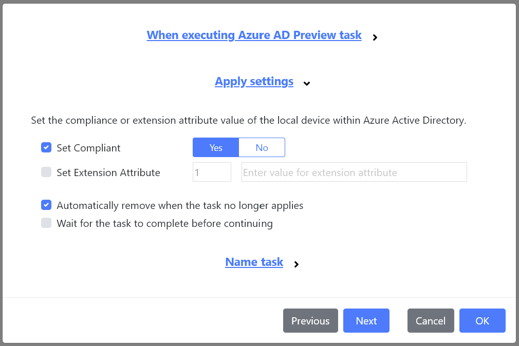The new Azure AD Preview Task, allowing compliance or extension attributes to be set for the local device.