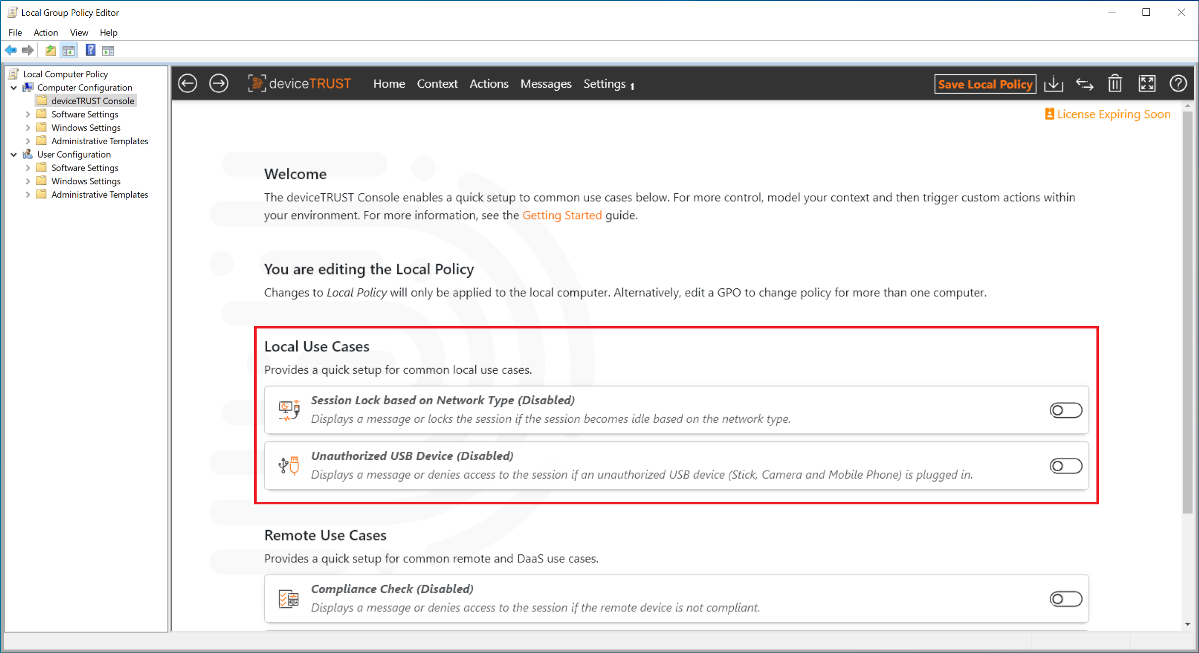 The local use cases within the deviceTRUST Console