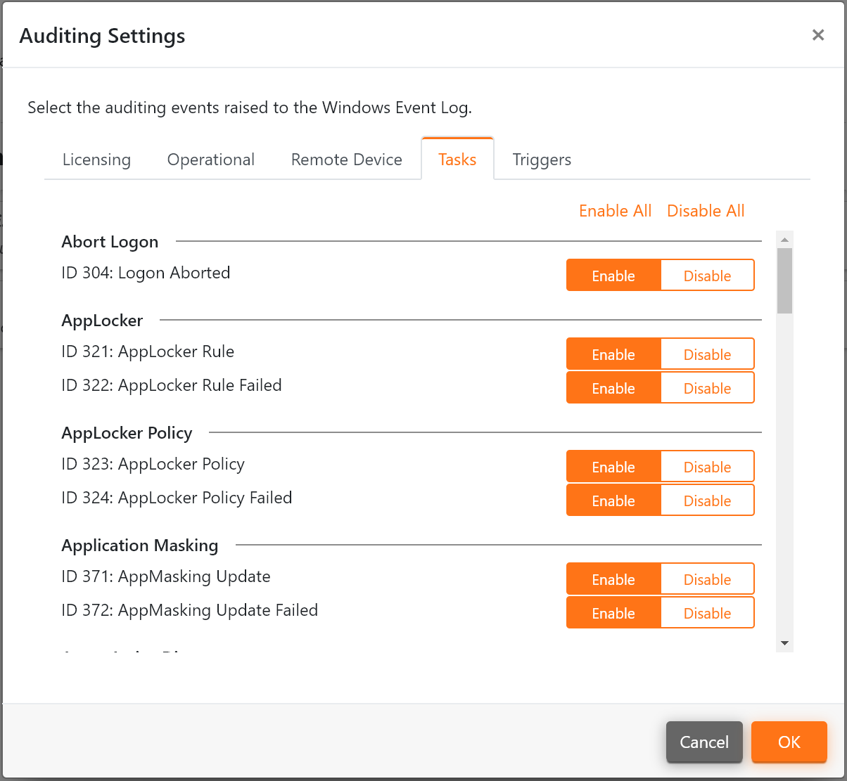 The Task Auditing Settings.