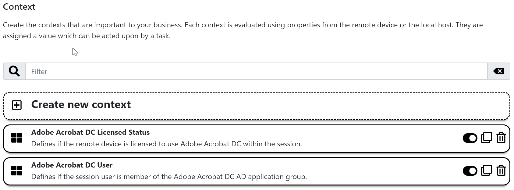 The contexts within the Acrobat DC template