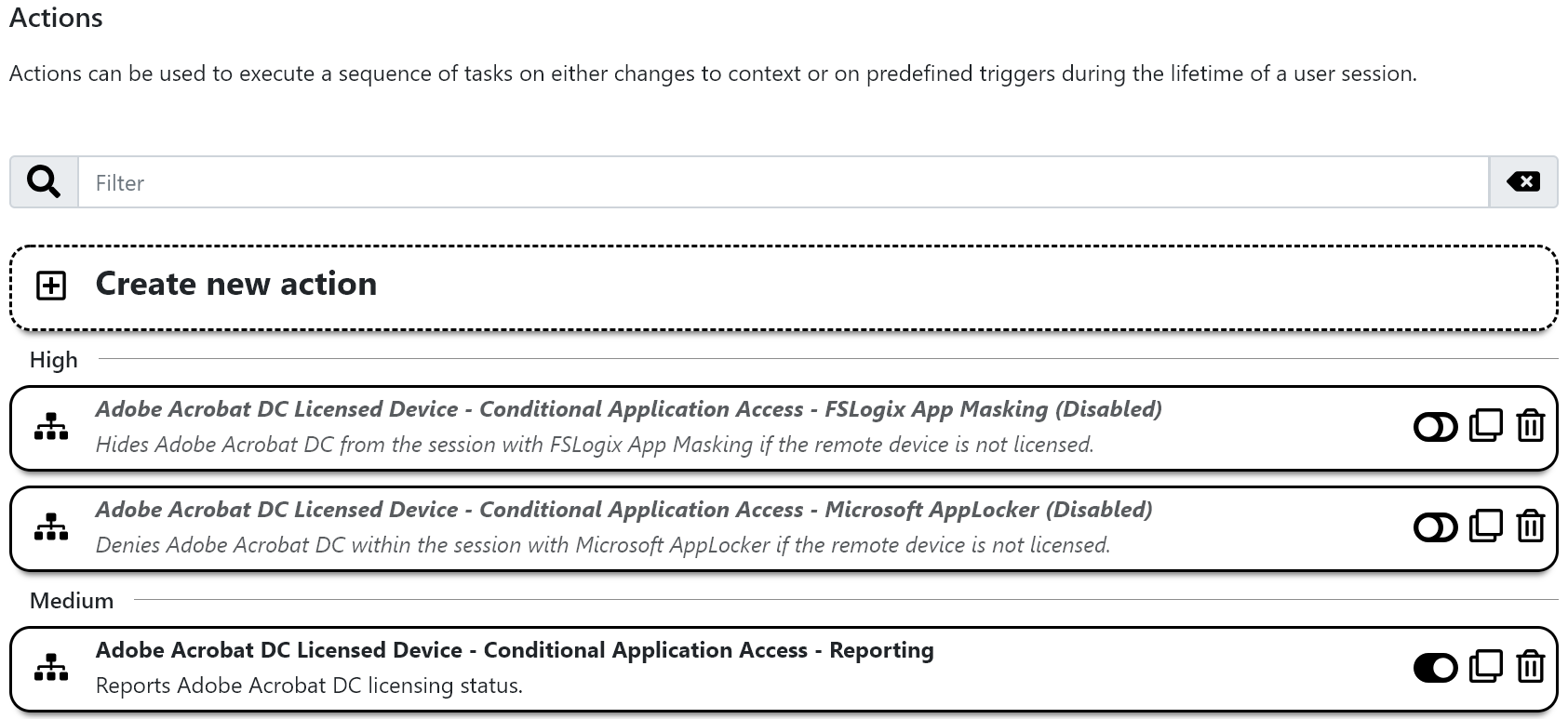 The actions within the Acrobat DC template