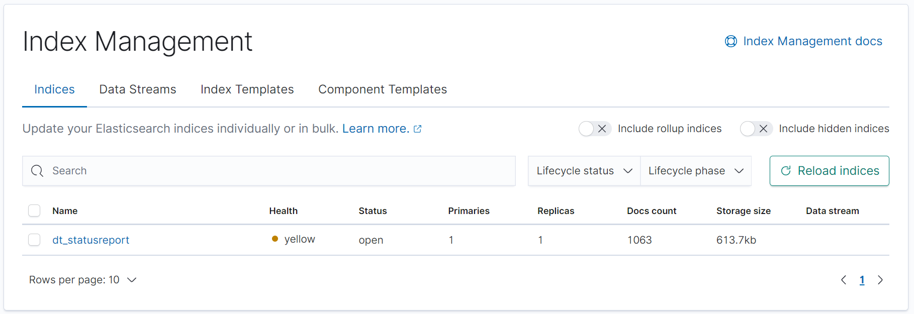 The created dt_statusreport within the Index Management