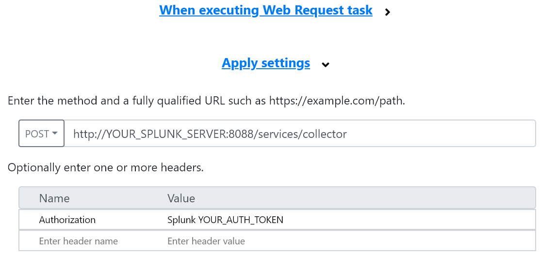 Editing the Web Request task to suit your environment