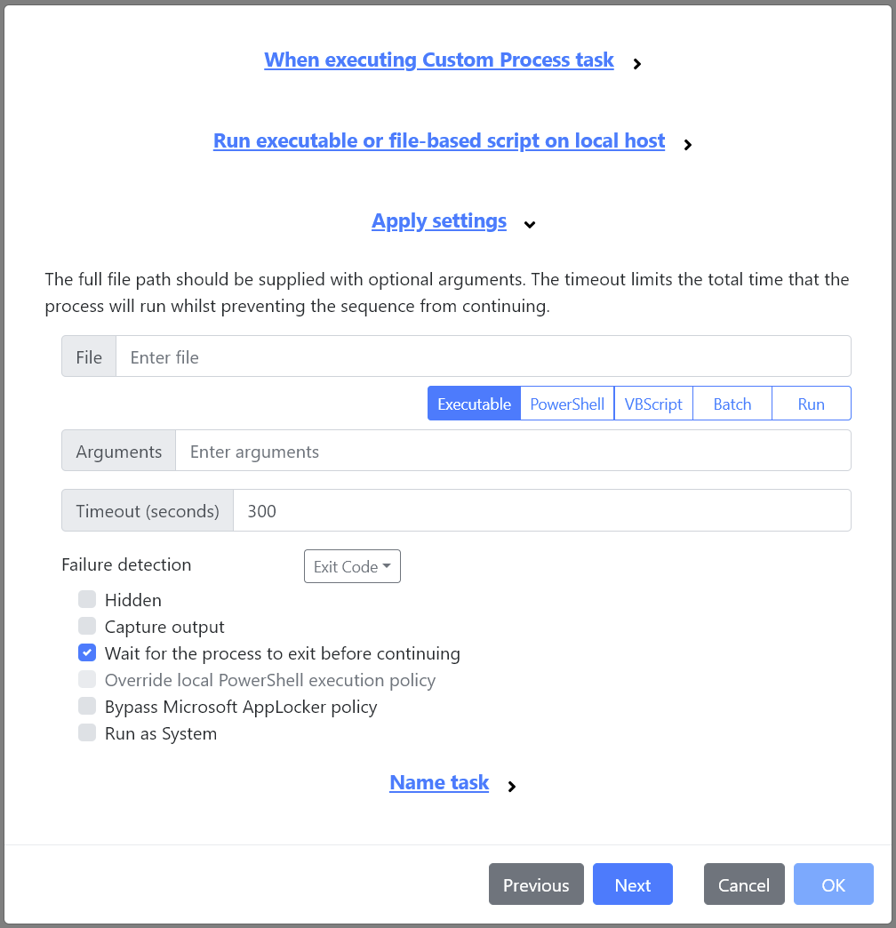 The Custom Process task.
